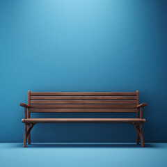 Wooden seating bench blue backround сreated with Generative Ai - obrazy, fototapety, plakaty