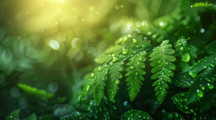 Macro shot of lush ferns with water droplets, natural textures, soft focus background