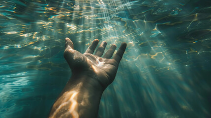 Underwater view of a hand reaching out towards sunlight