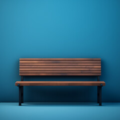 Wooden seating bench blue backround сreated with Generative Ai