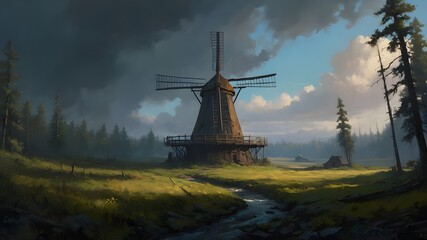 windmill in the evening. dutch windmill at sunset. a painting of a windmill in the middle of a forest. - obrazy, fototapety, plakaty