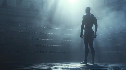 An MMA cage fighter pauses, surrounded by mist, as the sparse light highlights his determination, 3D illustration - obrazy, fototapety, plakaty