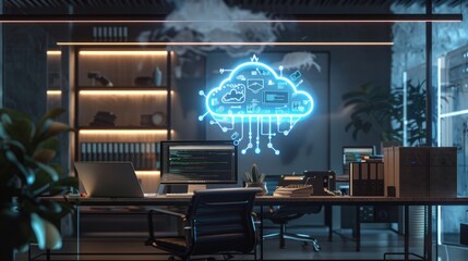 In a dimly lit office, a holographic cloud network updates, connecting devices on a minimalist desk setup, 3D illustration
