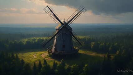 dutch windmill at sunset. a painting of a windmill in the middle of a forest. - obrazy, fototapety, plakaty