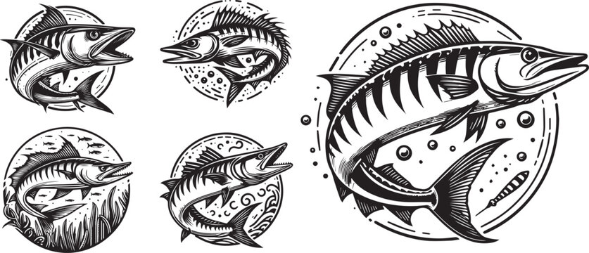 collection of black and white vector barracuda fish logo