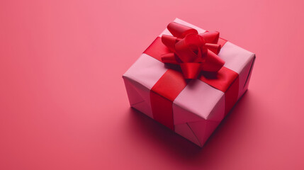 Pink gift box with red ribbon on a pink background