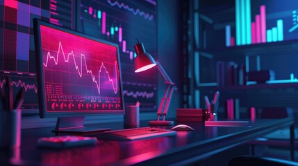 The vibrant pulse of the crypto market captured in real-time charts, under the glow of a single desk lamp, 3D illustration - obrazy, fototapety, plakaty