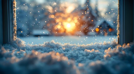 scene of a snow-covered landscape seen through a frosty windowpane, with delicate flakes drifting gently in the crisp winter air, in cinematic 8k high resolution. - obrazy, fototapety, plakaty