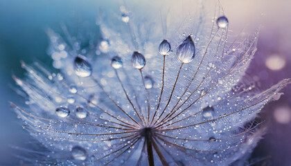 Beautiful dew drops on a dandelion seed macro Beautiful soft light blue and violet background Water
