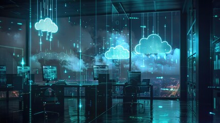 A dark office illuminated by the futuristic light of holographic clouds syncing data across a network, 3D illustration