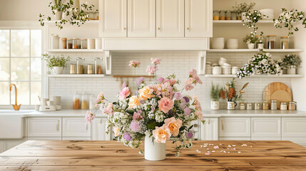 Fototapeta na wymiar Delicate Flower Bouquet in a Vase, Fresh and Beautiful Floral Arrangement in a Bright Kitchen