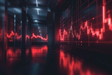 A darkened room flickers with the life of the crypto market, charts breathing the rhythm of digital currencies, 3D illustration - obrazy, fototapety, plakaty