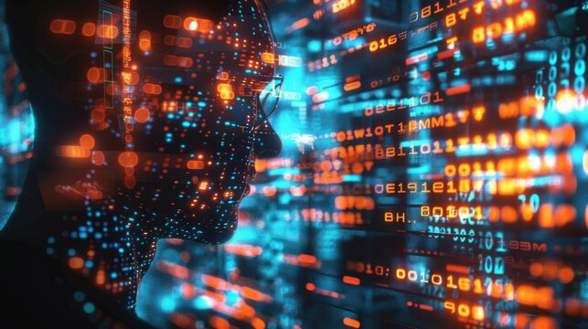 A cryptographer uses AR to visualize quantum encryption, shadows playing across complex, glowing algorithms, 3D illustration