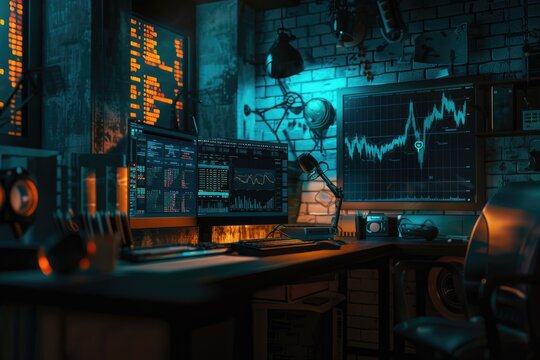 A cryptographer's den, where the pulse of the market is visualized in hyper-realistic charts under dim light, 3D illustration