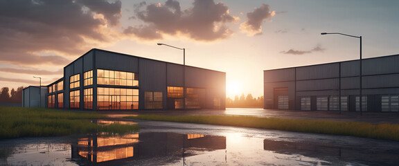 A modern industrial or commercial building with a sleek, minimalist design. Generative AI