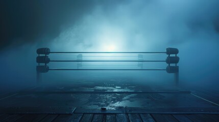 A vintage boxing ring, shrouded in mist, where legends of the past seem to whisper in the shadows, 3D illustration