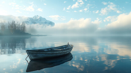 A solitary boat on a tranquil lake - obrazy, fototapety, plakaty