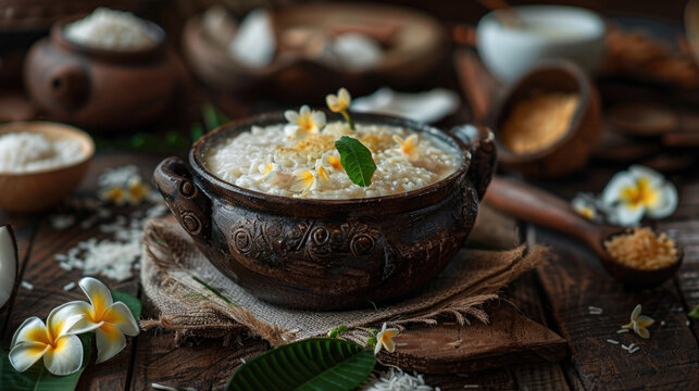 Clay pot with Kiribath on a rustic table, surrounded by coconut milk, rice, and frangipani flowers for Sinhalese New Year.
