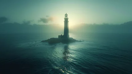 Foto op Canvas A solitary lighthouse standing tall amidst the vastness of the sea © MuhammadInaam