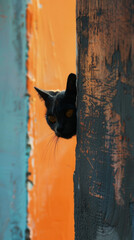 Black cat peeking from behind the wall