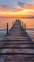 Fototapeta premium Wooden pier at sunset with colorful sky and calm sea