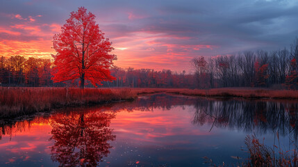Vibrant autumn sunset over a tranquil lake