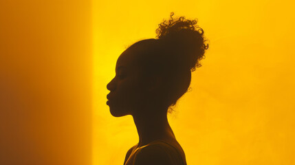 Silhouette of a young woman against a yellow background