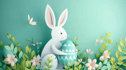 A paper rabbit is holding a colorful Easter egg and a beautiful flower to celebrate the happy event of Easter. The creative arts of plant and organism adaptation can be seen in this artwork AIG42E