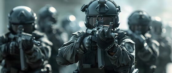 Riot police SWAT team conducting tactical maneuvers in an urban environment during a highpressure situation. Concept SWAT Training, Urban Response, Tactical Maneuvers, High-Stress Scenario - obrazy, fototapety, plakaty