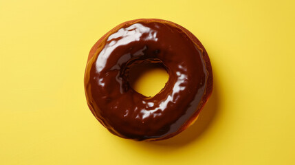Chocolate glazed donut on a yellow background