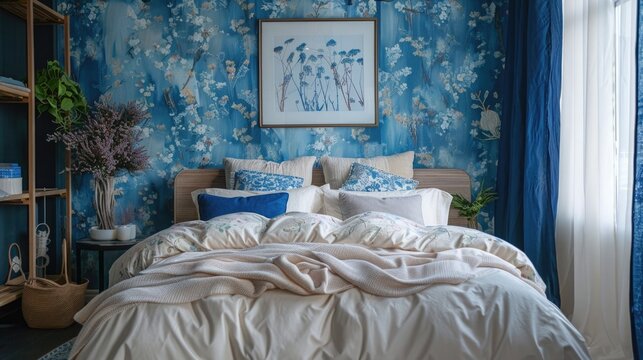A contemporary bedroom featuring semi-transparent floral print bedding, with walls adorned with cyanotype effect floral wallpaper and a blurred, moving floral print artwork above the headboard