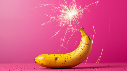 Banana with sparkler on pink background