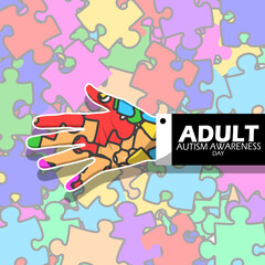 Adult Autism Awareness Day event banner. Adult hands on colorful puzzle pieces background to commemorate on April 18th