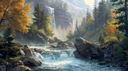 A beautiful painting capturing a serene river flowing through a natural landscape of rocks and trees, showcasing the fluidity and tranquility of water in fluvial landforms - obrazy, fototapety, plakaty