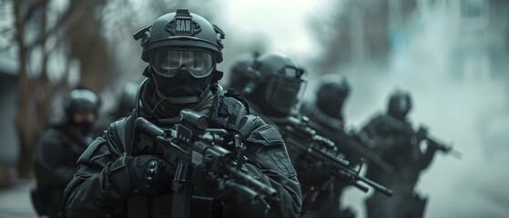 Riot police SWAT team executing tactical maneuvers in an urban setting during a high-pressure scenario. Concept Police Operations, Tactical Maneuvers, Urban Setting, High-Pressure Scenario - obrazy, fototapety, plakaty