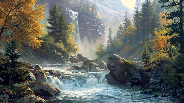 A beautiful painting capturing a serene river flowing through a natural landscape of rocks and trees, showcasing the fluidity and tranquility of water in fluvial landforms