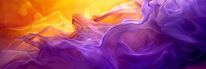 Close-up of a flowing purple silk fabric against a vibrant golden backlight