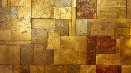 A close up of a golden mosaic wall showcasing intricate patterns of brown, amber, and yellow rectangles resembling a work of art in a building interior