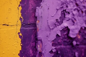 Close-up of a textured wall with peeling purple and yellow paint suggesting themes of decay and...