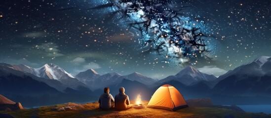 Back view of young couple tourists having a rest at campfire near glowing tent under night sky full of stars and Milky way.