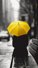Person with a yellow umbrella on a rainy day