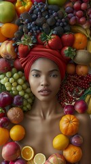 Fototapeta na wymiar A serene woman surrounded by a vibrant array of fresh fruits artistically arranged to represent a halo, symbolizing a holistic approach to health and wellbeing