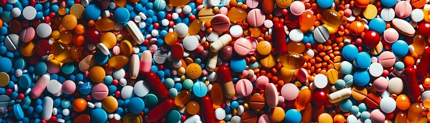 An abstract composition featuring a multitude of colorful prescription pills - obrazy, fototapety, plakaty