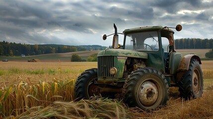 Fototapeta premium Agricultural vehicles, tractors, harvesting rice crops background in the rice fieldใ