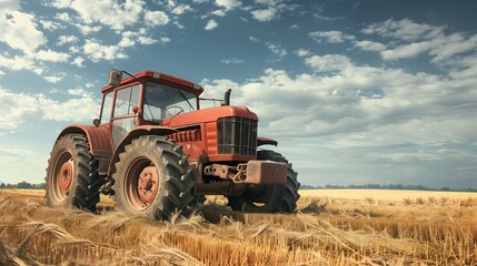 Fototapeta premium Agricultural vehicles, tractors, harvesting rice crops background in the rice fieldใ
