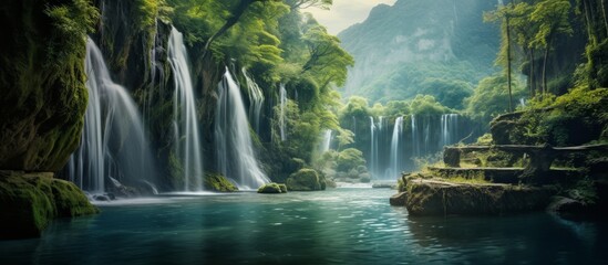 Amidst the rich greens of the forest lies a stunning waterfall cascading down with great force and beauty - Powered by Adobe