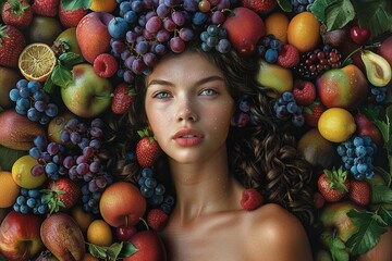 Fototapeta na wymiar An elegant portrayal of a woman exuding tranquility, enveloped by a colorful assortment of ripe fruits forming a halo of nourishment and vitality , clean sharp focus