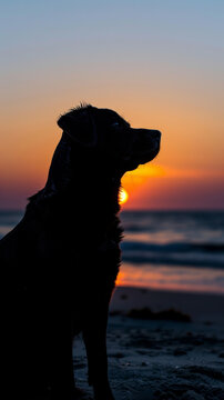 Silhouette of a dog at sunset on the beach