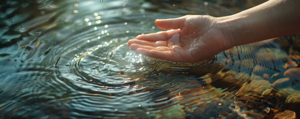 Close-up of a hand touching water surface creating ripples