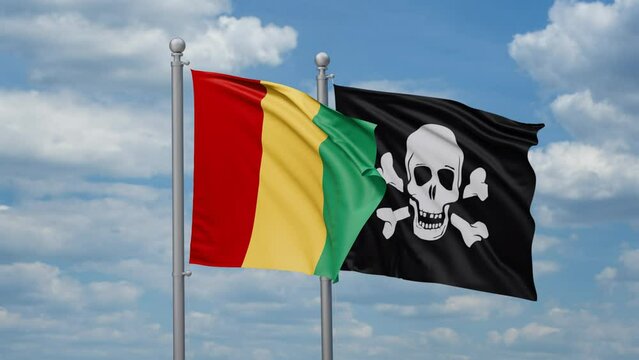 Republic of Guinea and Jolly Roger or pirate two flags waving together, looped video